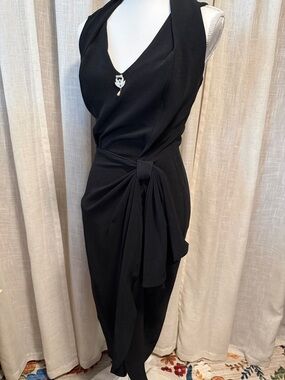 Betsy & Adam Black Halter Cocktail Dress Draped Knot Waist Rhinestone Accent S/M